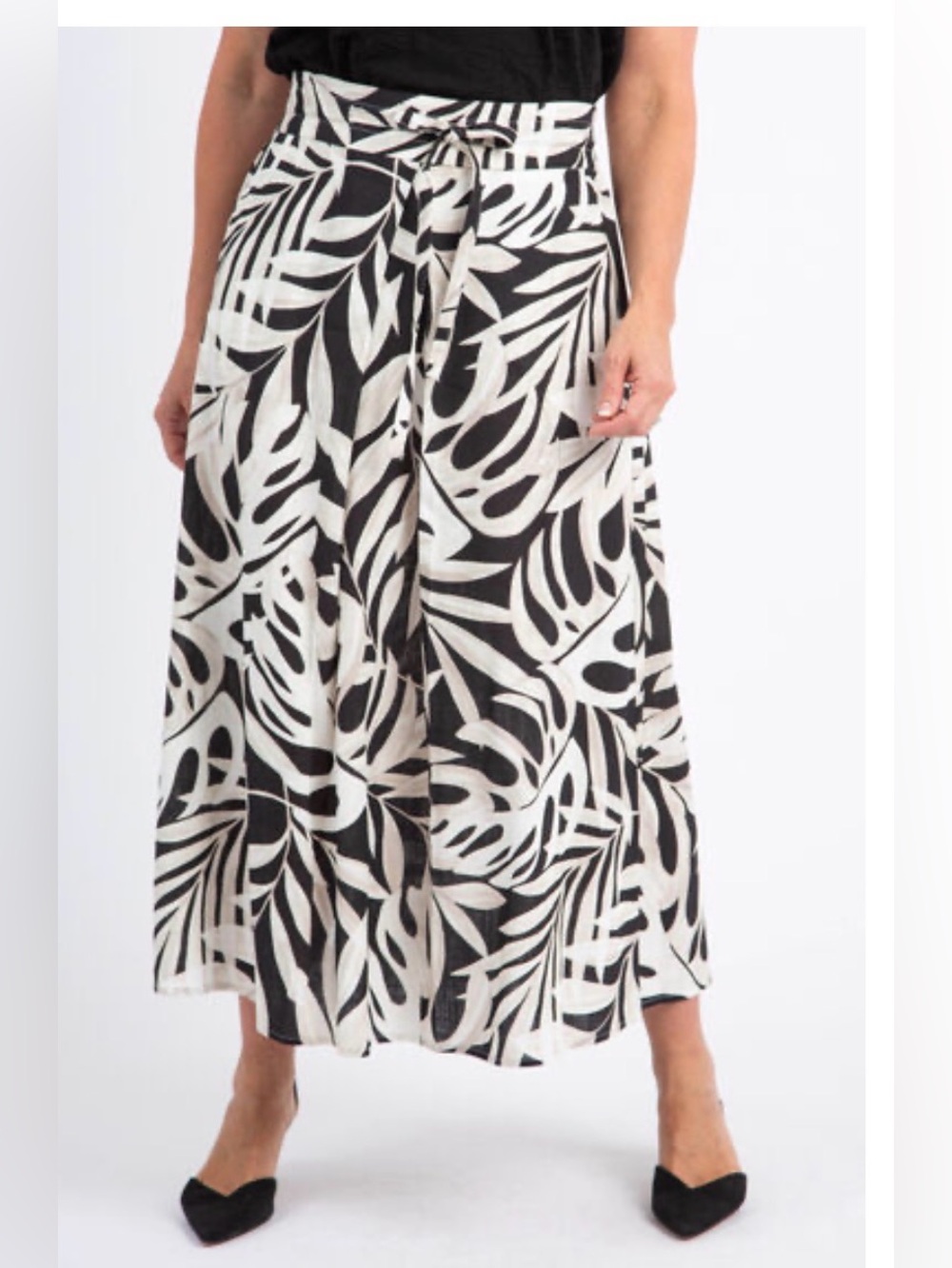 TRIBAL Black White Tropical Palm Leaf Maxi Skirt Small Pull On Tie Waist Boho